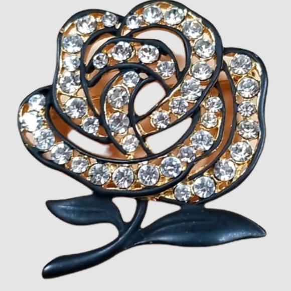 Vintage Black Enamel Rose Rhinestone Gold Tone Brooch - Picture 3 of 12